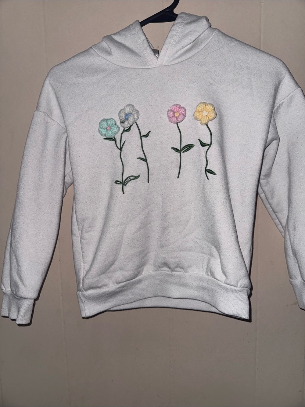 White Hoodie Sweater with Pastel Flower Embroidery and pants